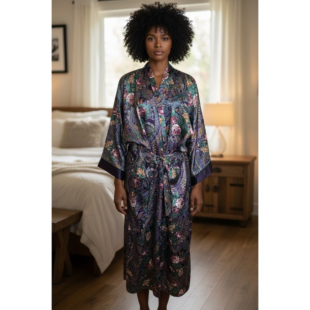 Vintage California Dynasty Floral Paisley Robe Belted Purple Satin OSFM 2X USA